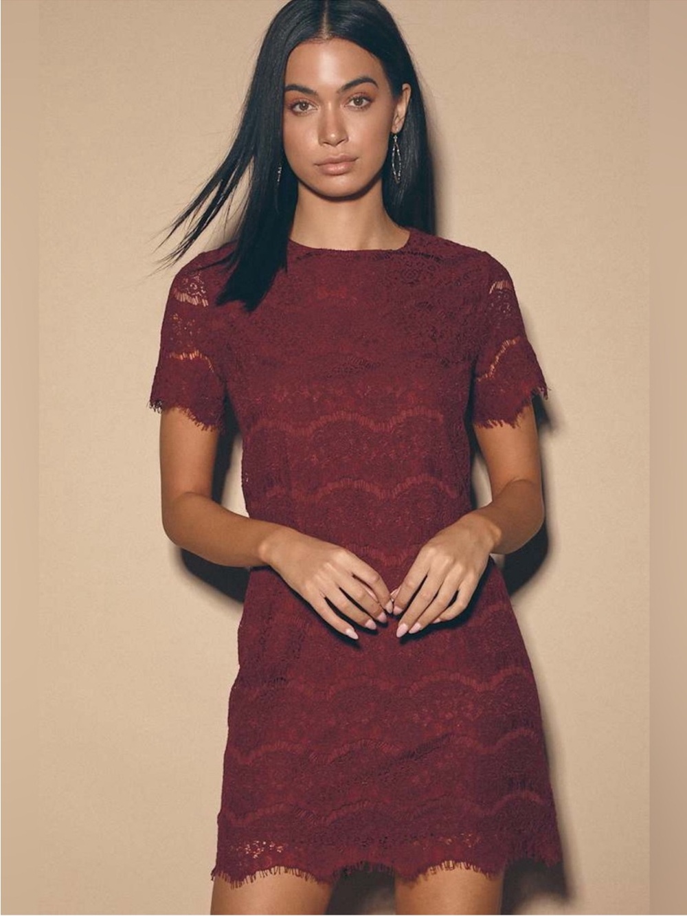 Lulus Take Me to Brunch Burgundy Eyelash Lace Cocktail Shift Dress Size M NWT